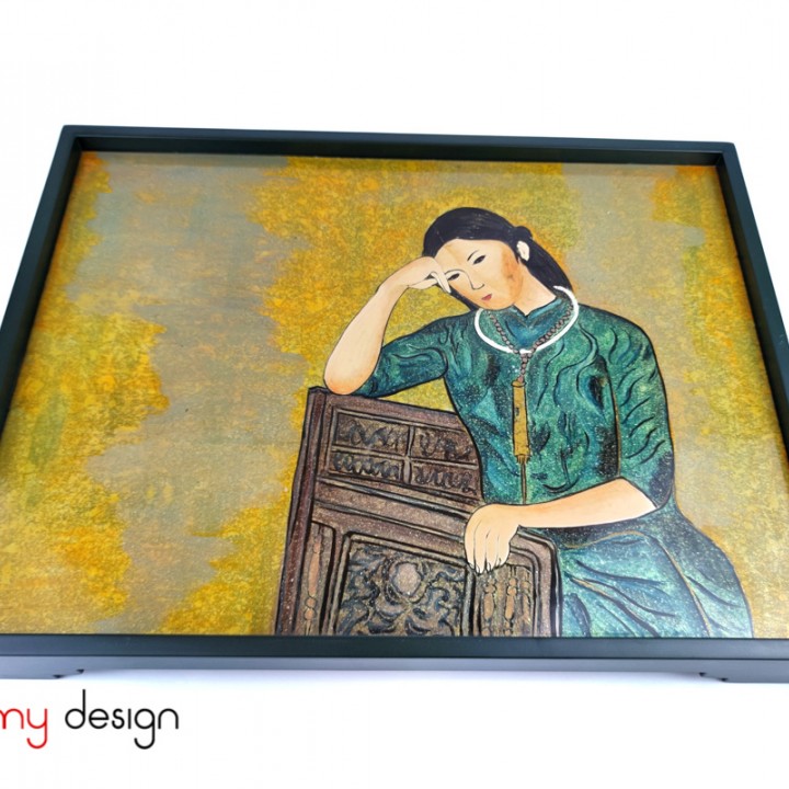 Rectangular lacquer tray hand-painted with girl painting 28*45cm